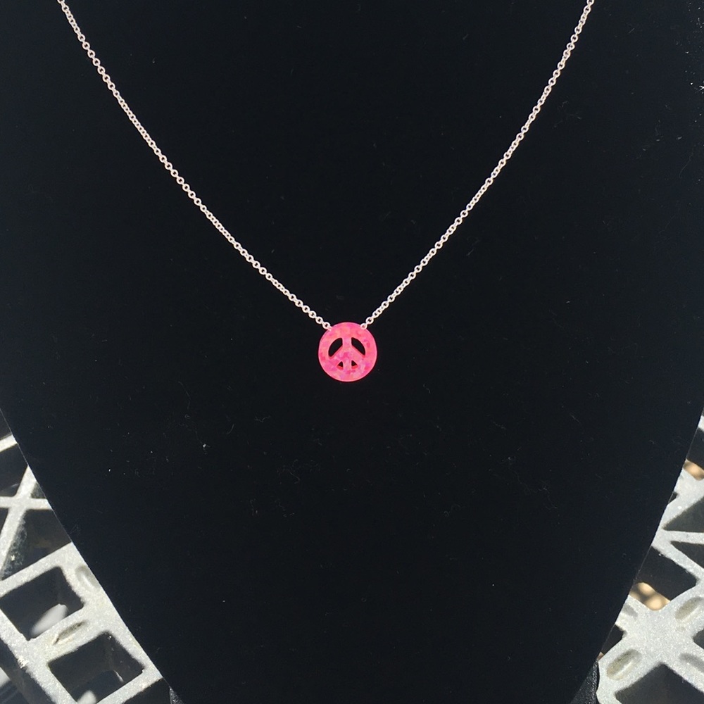 Pink Peace Sign Pendant Necklace - 14K Gold Chain -